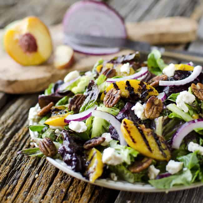 Grilled Peach, Honey Goat Cheese & Spiced Pecan Salad - Lavibu
