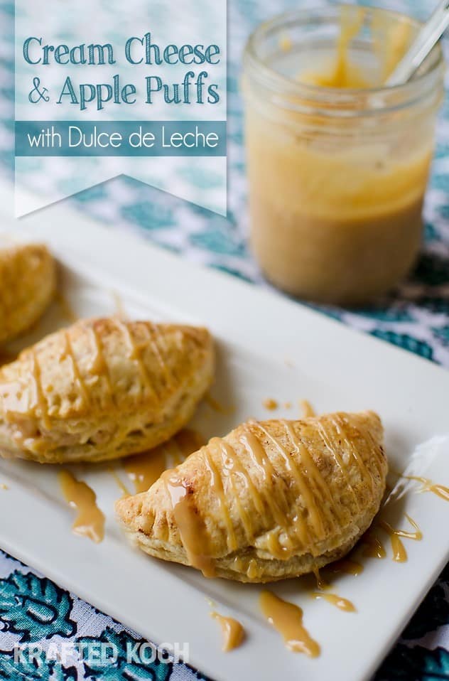 Apple Cream Cheese Puffs with a Dulce de Leche drizzle - Lavibu