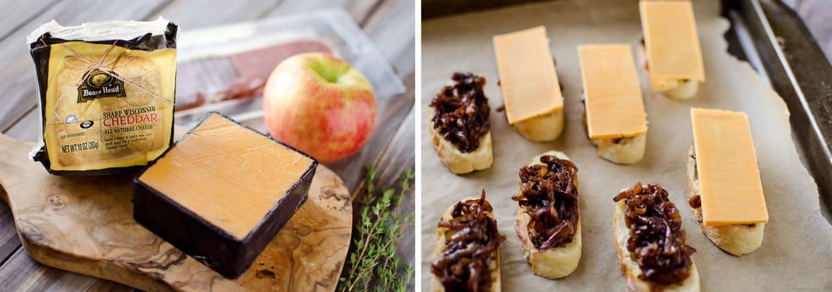 Caramelized Onion & Cheddar Crostinis with Prosciutto Wrapped Apples - Lavibu - A sophisticated appetizer made with smooth Boar's Head Sharp Cheddar Cheese, a recipe perfect for the holidays!