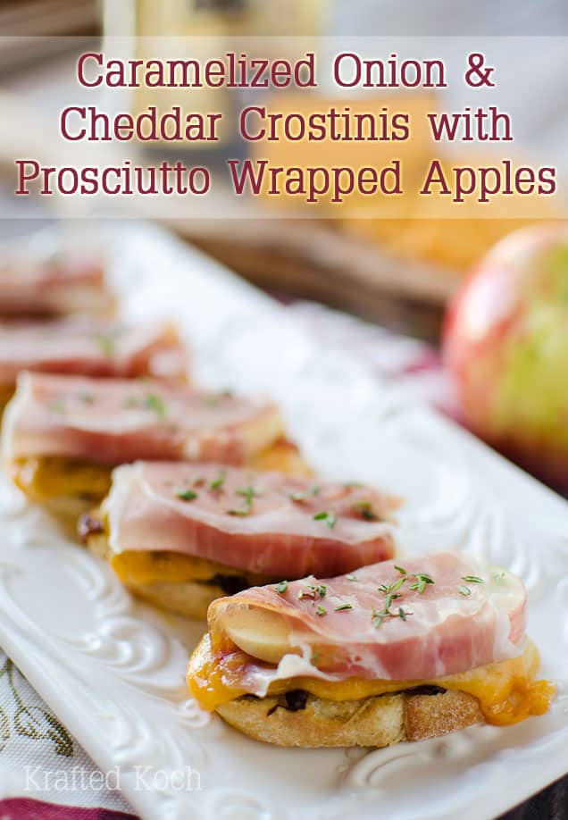 Caramelized Onion & Cheddar Crostinis with Prosciutto Wrapped Apples - Lavibu - A sophisticated appetizer made with smooth Boar's Head Sharp Cheddar Cheese, a recipe perfect for the holidays!