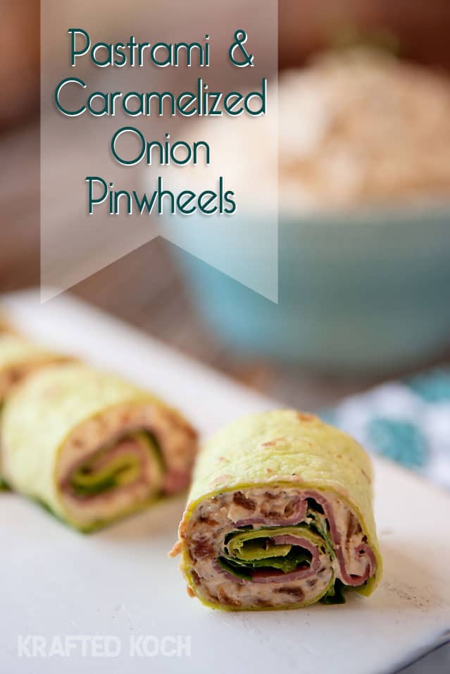 Pastrami & Caramelized Onion Pinwheels - Lavibu - Pinwheels made with pastrami and a creamy caramelized onion spread that are great for an appetizer or lunch!