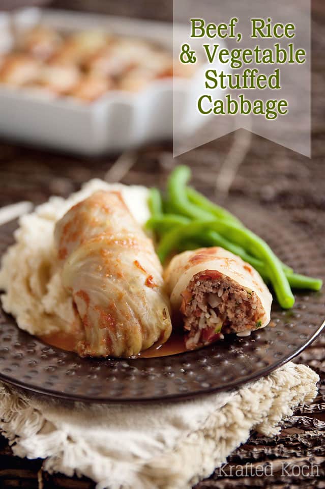 Beef, Rice & Vegetable Stuffed Cabbage Rolls - Lavibu - An old comforting dinner recipe made healthier with the addition of lots of vegetables!