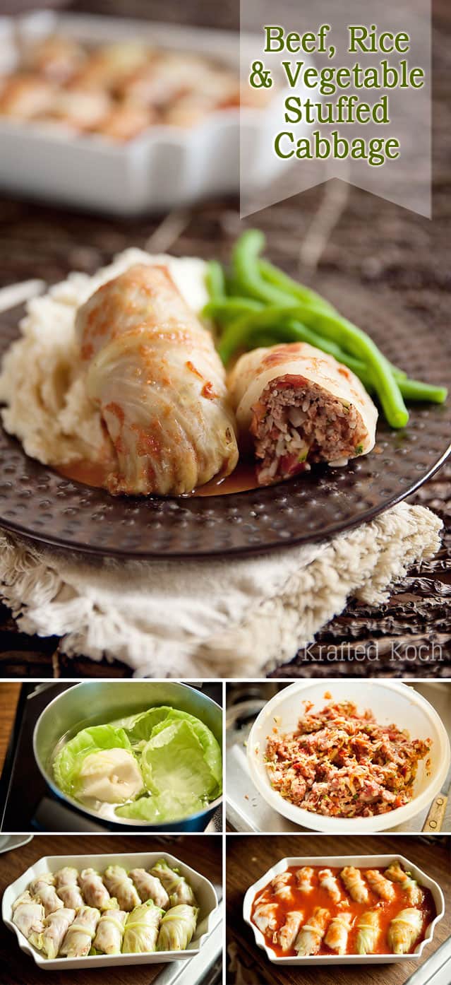 Beef, Rice & Vegetable Stuffed Cabbage Rolls - Lavibu - An old comforting dinner recipe made healthier with the addition of lots of vegetables!