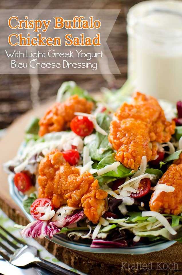 Crispy Buffalo Chicken Salad with Light Greek Yogurt Bleu Cheese Dressing - Lavibu