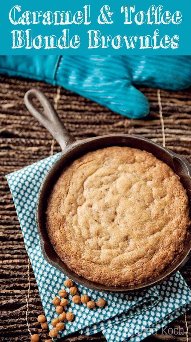 Caramel & Toffee Skillet Blonde Brownies - Lavibu - A decadent blonde brownie recipe made in a skillet for a perfect dessert!