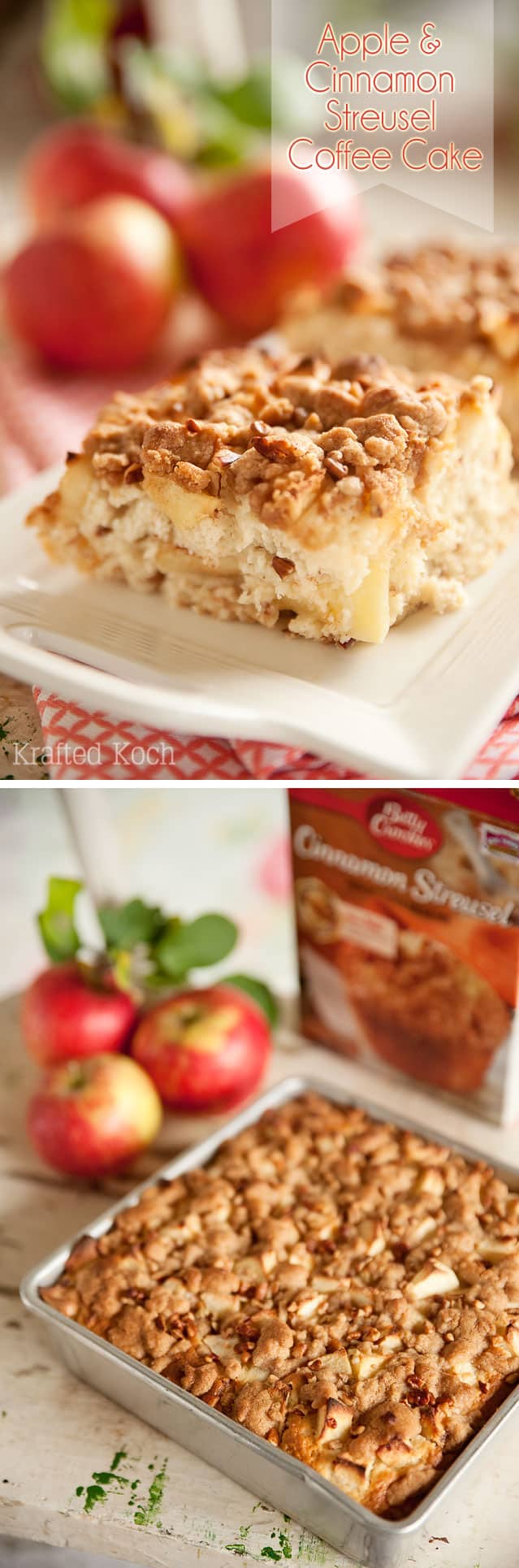 Apple & Cinnamon Streusel Coffee Cake - Lavibu - An easy breakfast coffe cake recipe that starts with a box mix and amps it up with fresh apples, sour cream and pecans!