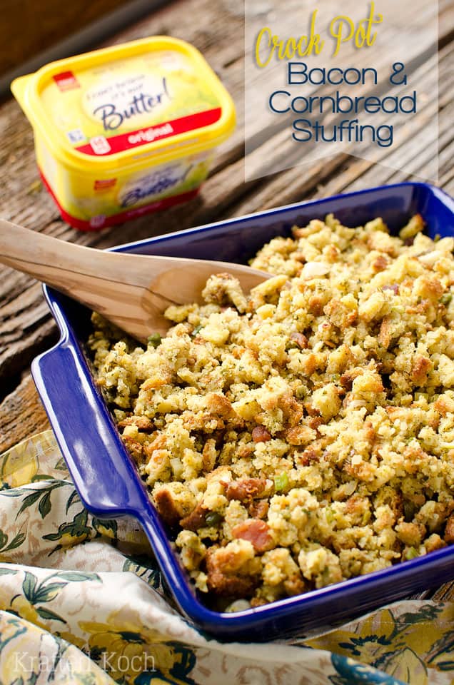 Crock Pot Bacon & Cornbread Stuffing - Lavibu - A quick and simple side dish recipe made in your slow cooker perfect for the holidays!