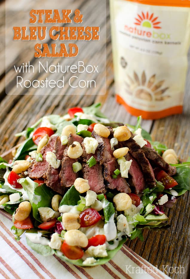 Steak & Bleu Cheese Salad with NatureBox Roasted Corn - Lavibu - A light and simple dinner salad recipe made with Light Greek Yogurt Bleu Cheese dressing