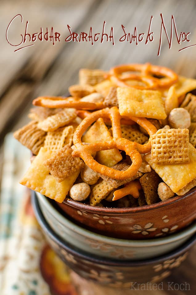 Cheddar Sriracha Snack Mix - Lavibu - An easy snack mix recipe loaded with spice and flavor! #snackmix #spicy #cheddar