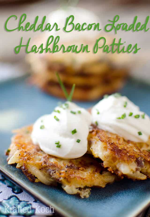 Cheddar Bacon Loaded Hashbrown Patties - Lavibu - Cheesy bacon and onion hashbrowns are topped with creamy sour cream for the perfect appetizer or side dish. #ComfortFood #Appetizer #SideDish #Recipe