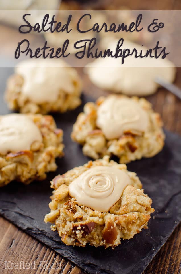 Salted Caramel Pretzel Thumbprint Cookies - Lavibu - A fantastic cookie recipe that will impress your guests with a dense, but moist cookie rolled in crunchy pretzels and topped with rich salted caramel frosting!