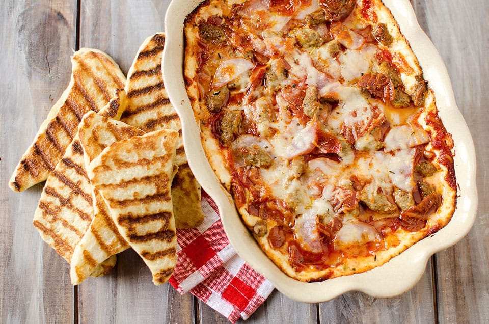 Triple Meat and Cheese Pizza Dip with Grilled Crust Dippers - Lavibu