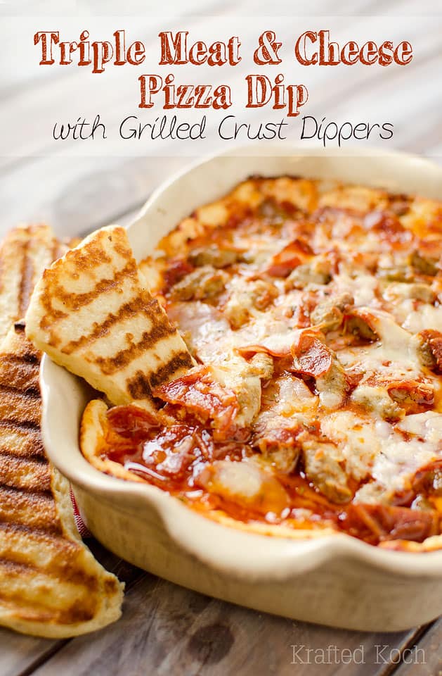 Triple Meat and Cheese Pizza Dip with Grilled Crust Dippers - Lavibu - An amazingly cheesy and flavorful appetizer recipe that will be a hit with your friends at your next party! #Appetizer #Dip #Pizza
