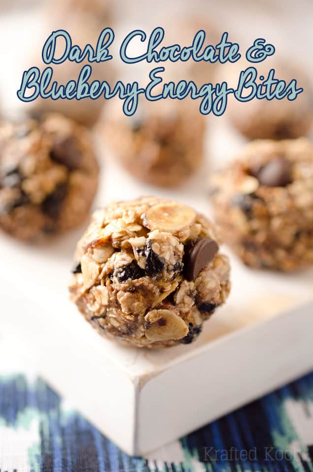 Dark Chocolate & Blueberry Energy Bites - Lavibu - A sweet little bite of dark chocolate and dried blueberries encompassed with whole grains and seeds for a protein packed snack!