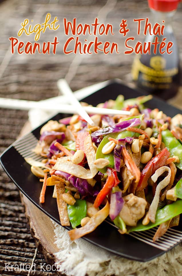 Light Wonton & Thai Peanut Chicken Sautee is a healthy and delicious dinner recipe loaded with vegetables, chicken and a spicy Thai peanut and coconut milk sauce. - Lavibu #Healthy #Asian #Recipe