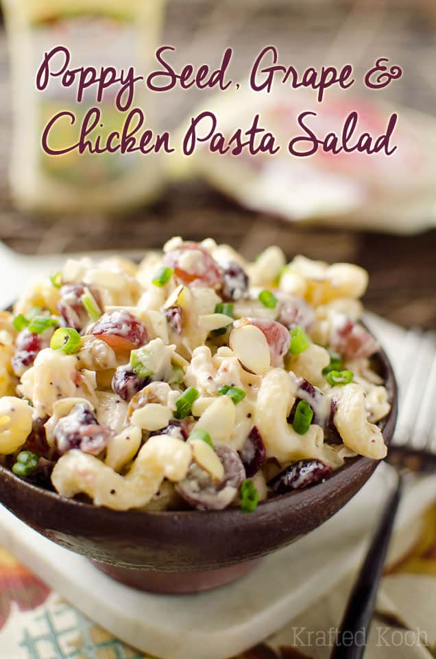 Poppy Seed, Grape & Chicken Pasta Salad - Lavibu - A fresh and delicious salad recipe loaded with juicy grapes, chewy cranberries and crunchy almonds for the perfect side.