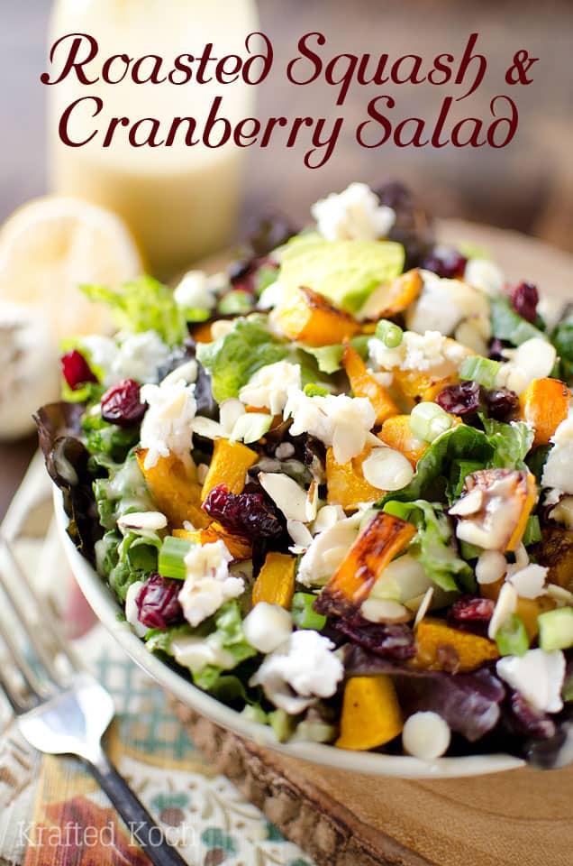 Roasted Squash & Cranberry Salad - Lavibu - A flavorful harvest salad loaded with roasted butternut squash, creamy goat cheese and dried cranberries for a meatless meal that will satisfy all your senses!