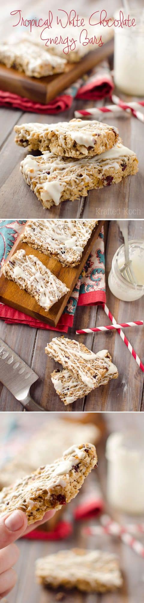 Tropical White Chocolate Energy Bars - Lavibu - Tropical White Chocolate Energy Bars are loaded with healthy grains, nut butter and sweet dried fruits all drizzled with white chocolate for a balanced energy bar that is decadently delicious! Grab one of these energy bars from the freezer for a quick breakfast or snack that will you up and leave you feeling satisfied. #Healthy #Light #Energy #Breakfast #Snack