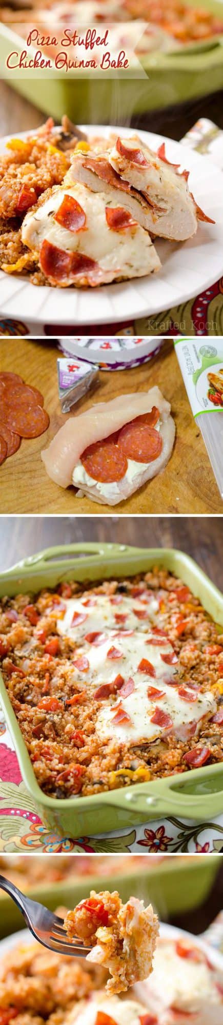 Pizza Stuffed Chicken Quinoa Bake - Lavibu - A hearty but healthy casserole filled with fluffy quinoa and your favorite pizza toppings along with garlic herb cheese and pepperoni stuffed chicken breasts for a dinner recipe the whole family will love! #Healthy #Light #Quinoa #DinnerIdea #Casserole #Pizza