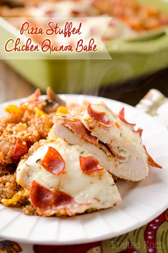 Pizza Stuffed Chicken Quinoa Bake - Lavibu - A hearty but healthy casserole filled with fluffy quinoa and your favorite pizza toppings along with herb and garlic cheese and pepperoni stuffed chicken breasts for a dinner recipe the whole family will love! #Healthy #Light #Quinoa #DinnerIdea #Casserole #Pizza