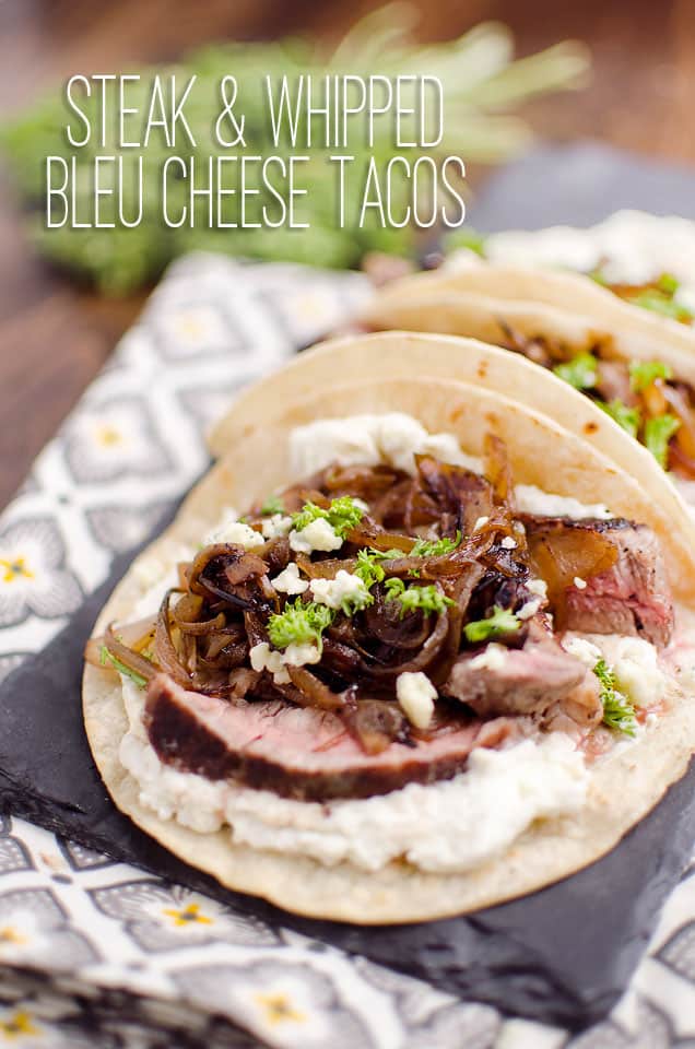 Steak & Whipped Bleu Cheese Tacos - A tender New York Strip Steak and caramelized onions topping a savory whipped bleu cheese on chewy corn tortillas for an amazing dinner idea!