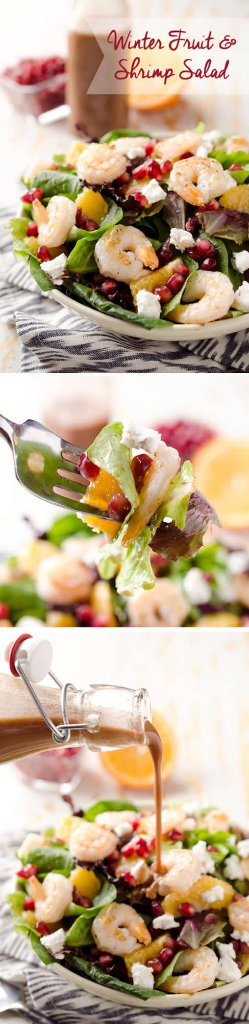 Winter Fruit & Shrimp Salad - A healthy entree salad filled with sweet winter fruits, pomegranate seeds and oranges along with grilled shrimp for a dinner idea that will brighten up these cold days! #Shrimp #Salad #Healthy #Ligth