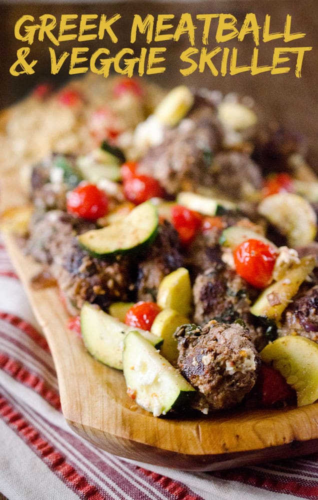 Greek Meatball & Veggie Skillet - Lavibu - A hearty but healthy skillet filled with lean ground beef and spinach meatballs and roasted veggies, topped with feta for a delicious and wholesome dinner recipe the whole family will love! #Healthy #Beef #Light #Meatballs #21DayFixApproved