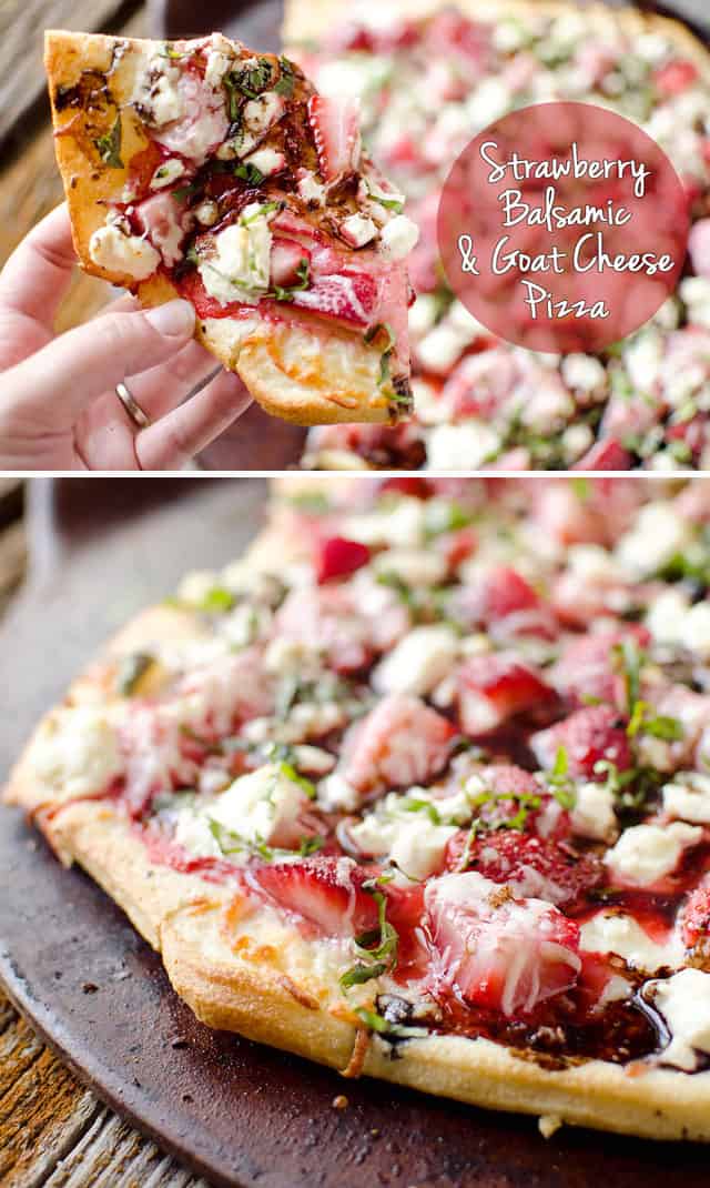 Strawberry Balsamic & Goat Cheese Pizza - A fresh summer pizza recipe loaded with sweet strawberries and basil, creamy goat cheese and tangy balsamic reduction for a unique and flavorful pizza unlike any other! #Pizza #Vegetarian #Fruit