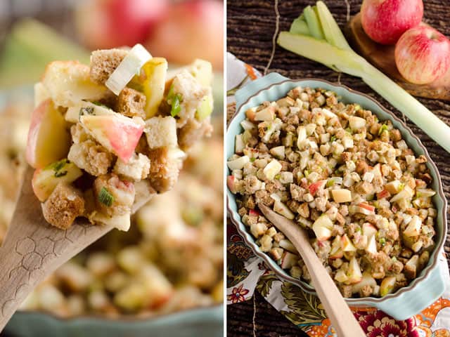Light Apple & Pancetta Stuffing is full of wholesome goodness, including golden raisins, apples, green onions and leeks with a bit of Pancetta for rich flavor!