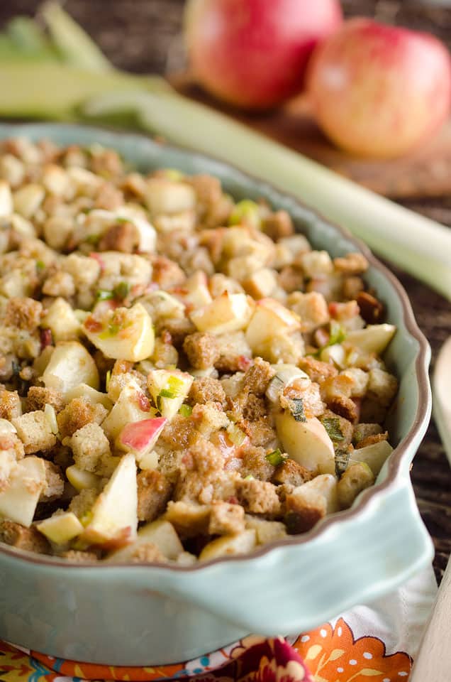 Light Apple & Pancetta Stuffing is full of wholesome goodness, including golden raisins, apples, green onions and leeks with a bit of Pancetta for rich flavor in this sweet and savory side dish perfect for the holidays!