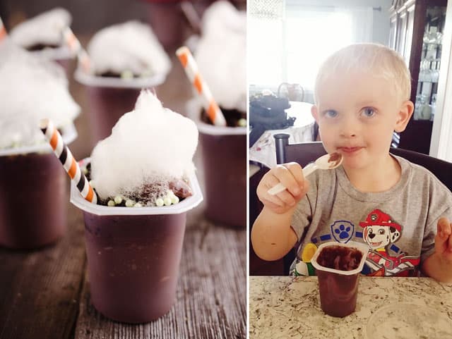 Witch's Brew Pudding Cups - These witch's cauldrons are made with delicious chocolate Snack Packs topped with crushed oreos, bubble sprinkles and cotton candy for a spooky Halloween treats that kids and adults will all love! #Halloween #Pudding #Chocolate