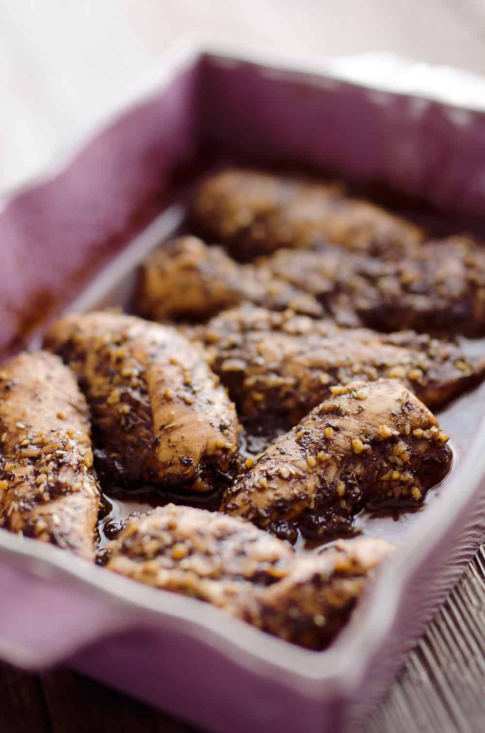 Balsamic Chicken is an easy and simple dinner idea. These flavorful and juicy chicken breasts pair perfectly with roasted vegetables for a healthy and delicious meal.