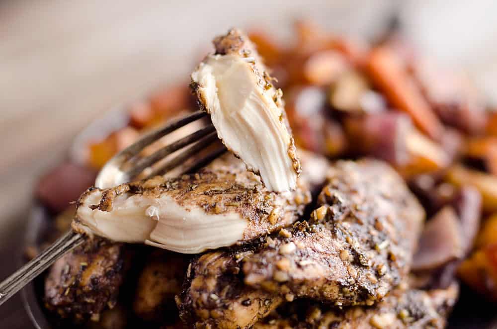Balsamic Chicken is an easy and simple dinner idea. These flavorful and juicy chicken breasts pair perfectly with roasted vegetables for a healthy and delicious meal.