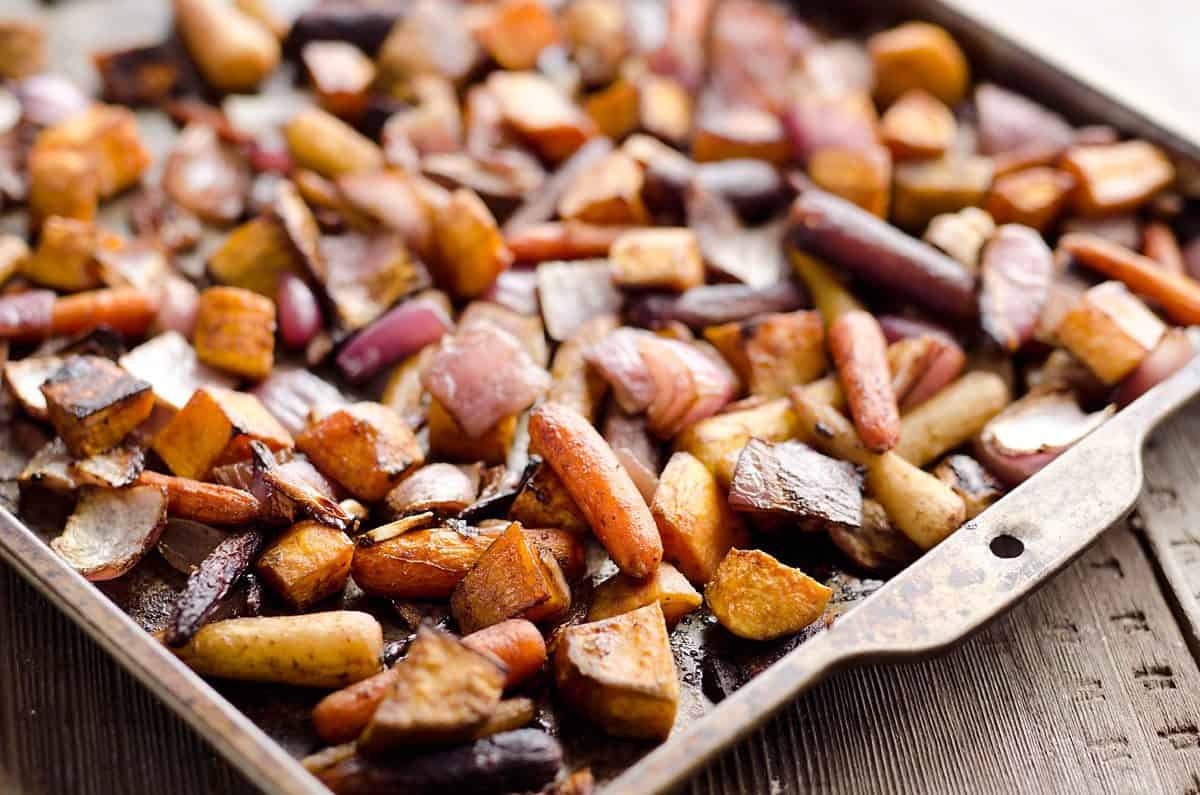 Balsamic Dijon Roasted Root Vegetables is an easy and healthy side dish bursting with tangy balsamic flavor and loaded with hearty root vegetables.