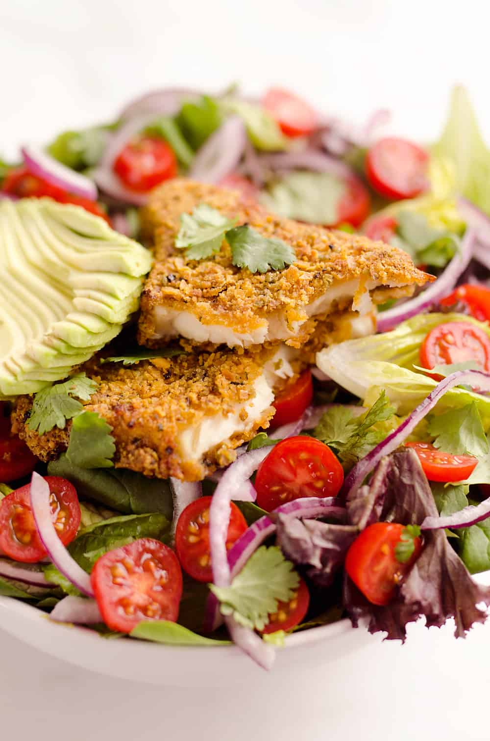 Southwest Tortilla Crusted Tilapia Salad is an easy and healthy dinner idea with a bed of mixed greens topped with tomatoes, avocado, red onion, Tortilla Crusted Tilapia and a homemade Chipotle Lime Dressing.