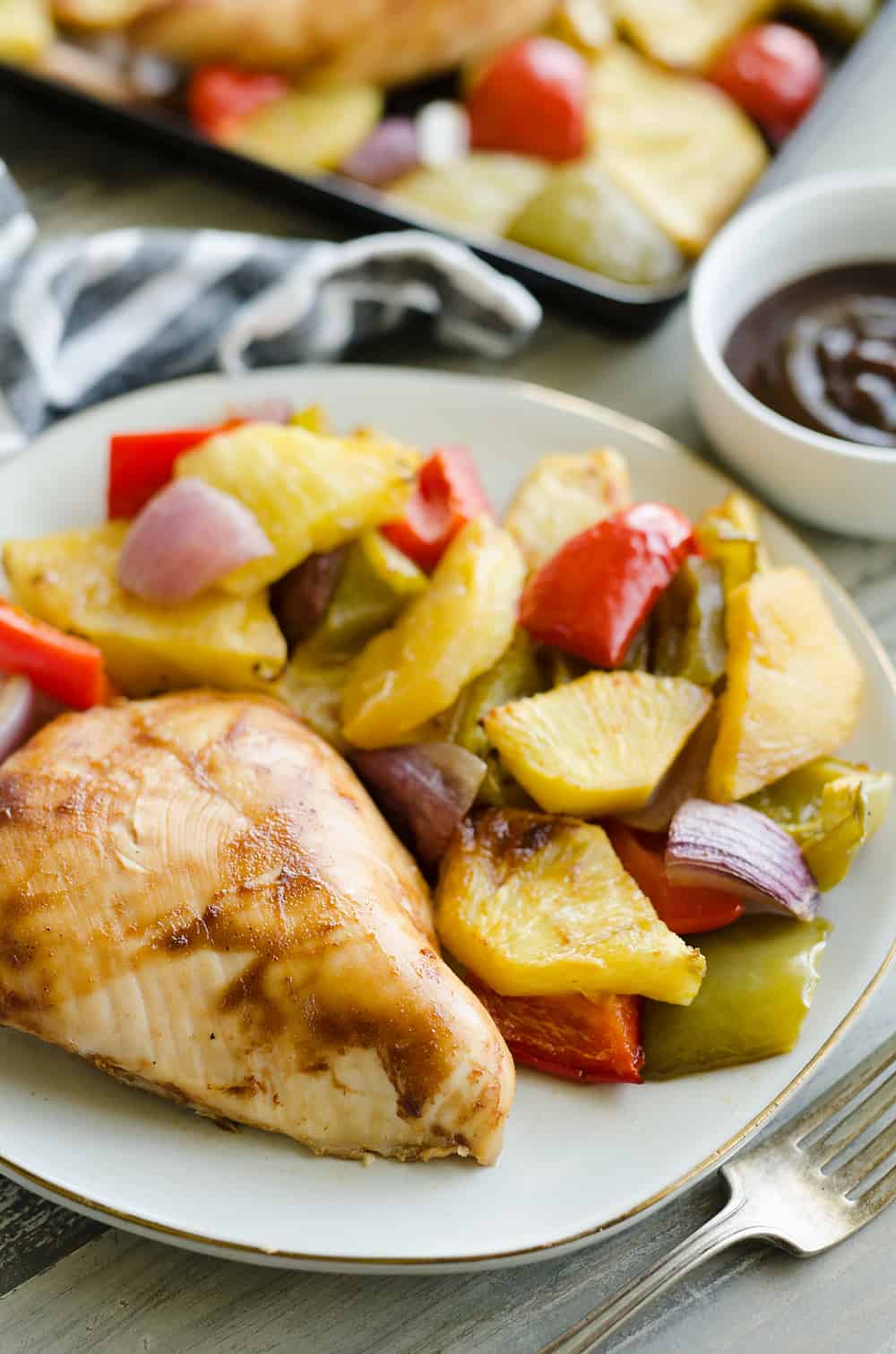 Hawaiian BBQ Chicken Sheet Pan Dinner with fruit and vegetables