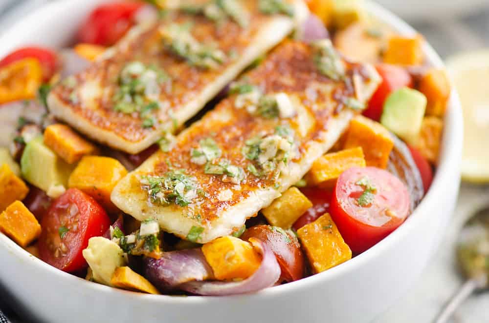 Chimichurri Roasted Vegetable Bowl topped with Grilled Cheese