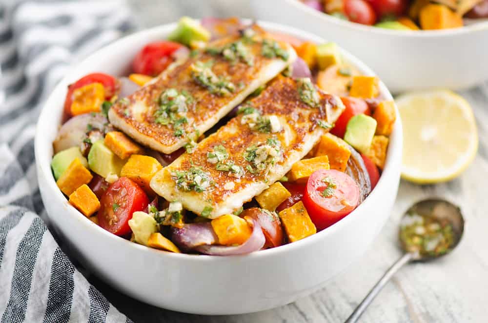 Chimichurri Roasted Vegetable Bowl with Grilled Cheese with fresh lemon