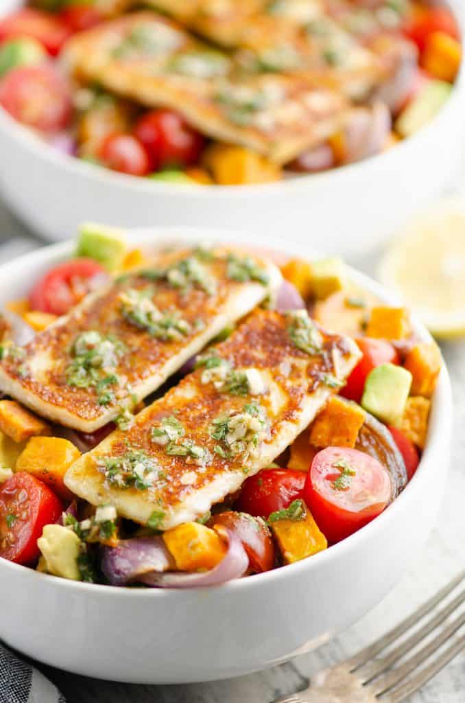 Chimichurri Roasted Vegetable Bowl topped with Haloumi Grilling Cheese