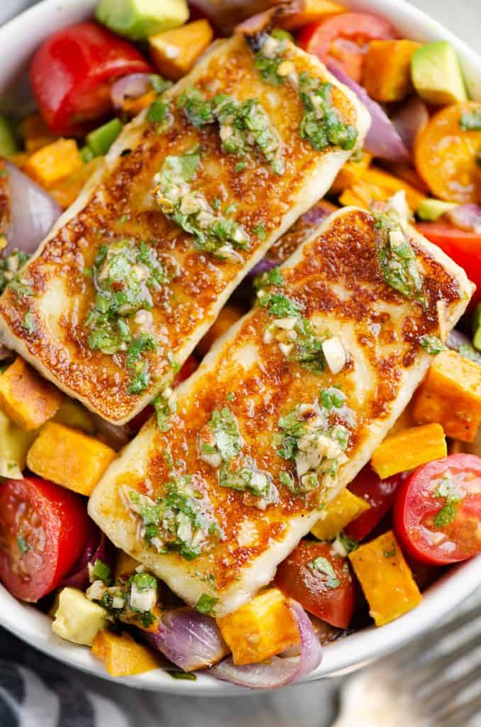 Chimichurri Roasted Vegetable Bowl topped with Grilling Cheese