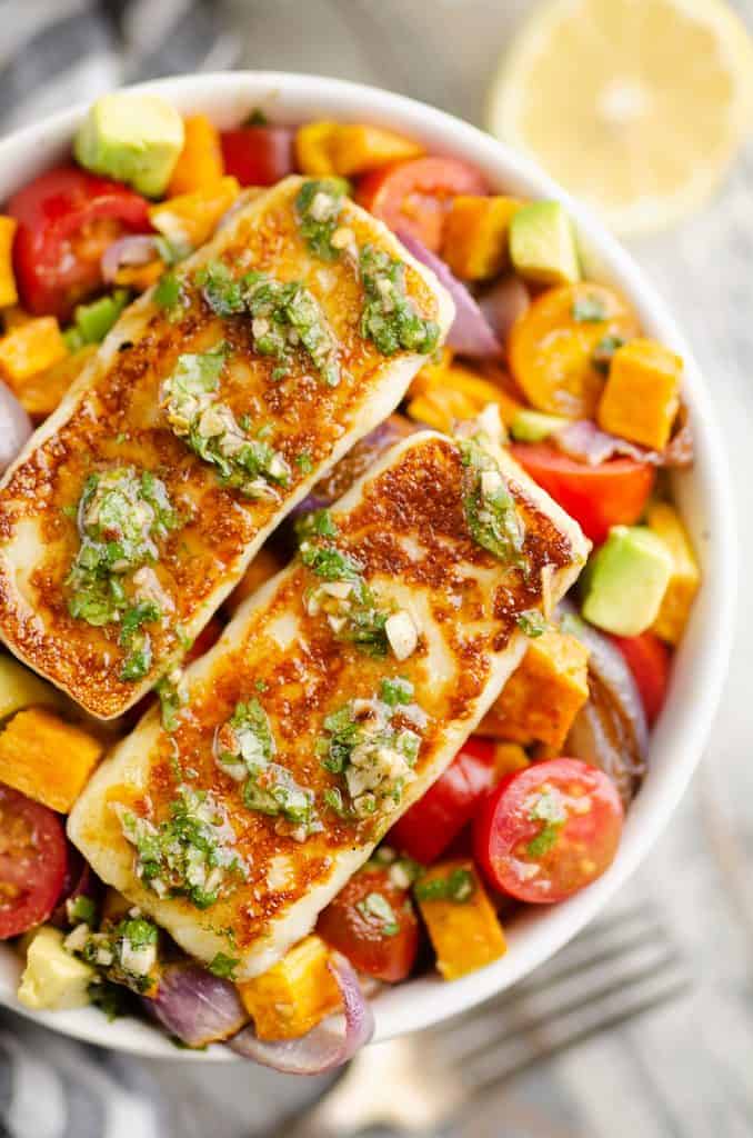 Chimichurri Roasted Vegetable Bowl topped with Grilled Halloumi Cheese