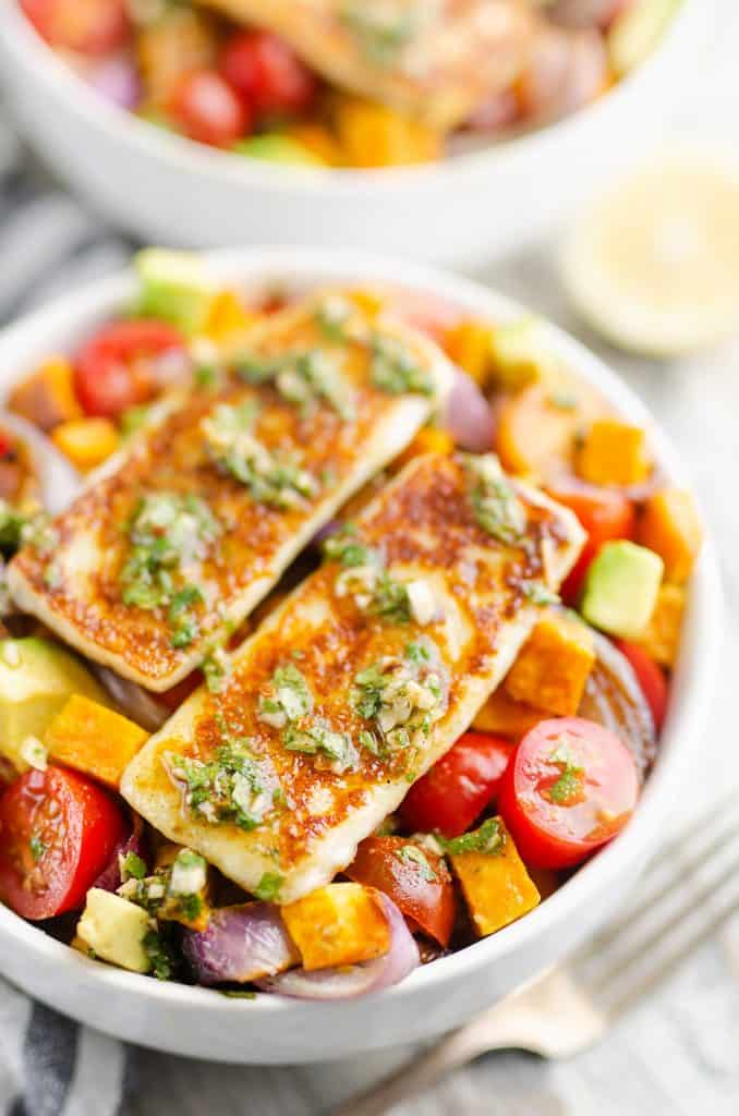 Chimichurri Roasted Vegetable Bowl with Grilled Cheese on top