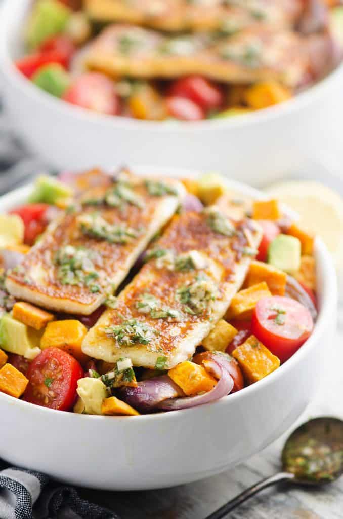Chimichurri Roasted Vegetable Bowl with Grilled Cheese on table