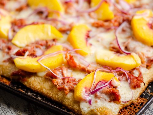 BBQ Peach Sheet Pan Pizza