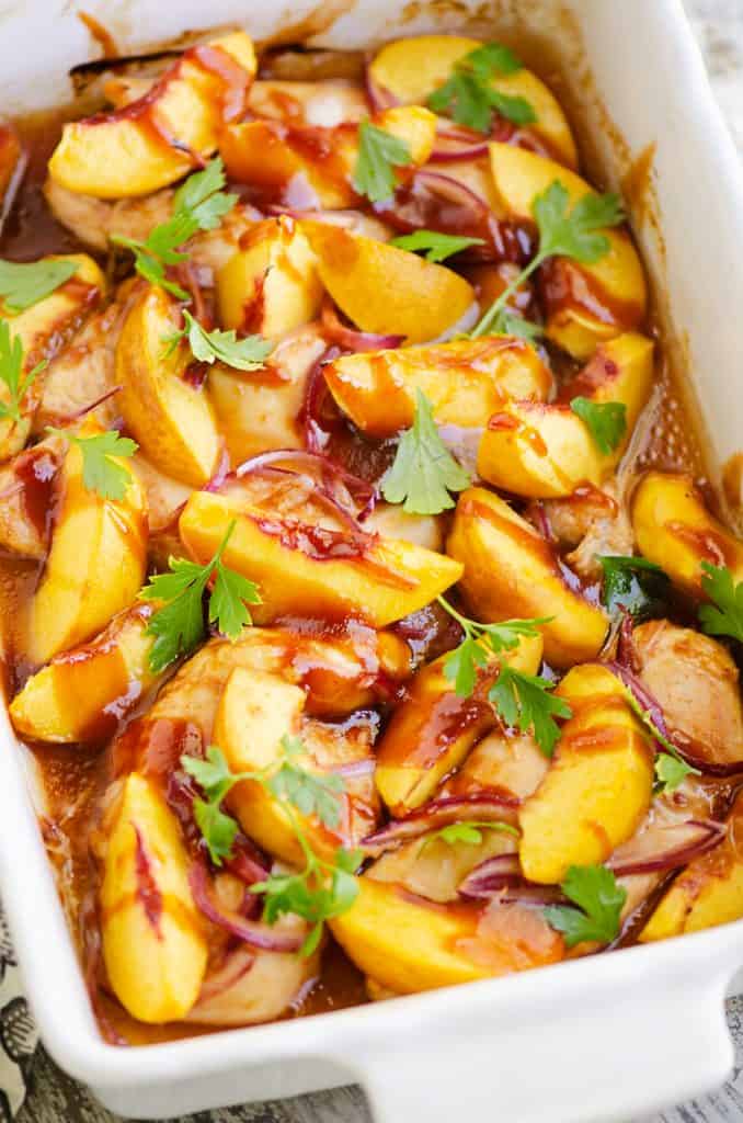 Roasted Peach BBQ Chicken Bake